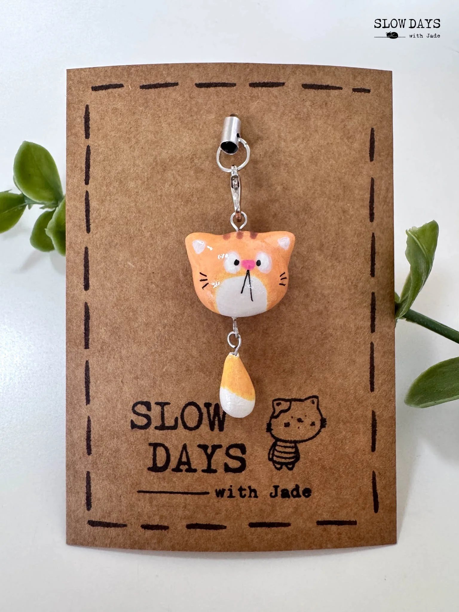 Orange Cat Charm with Dangling Tail | Handmade Clay