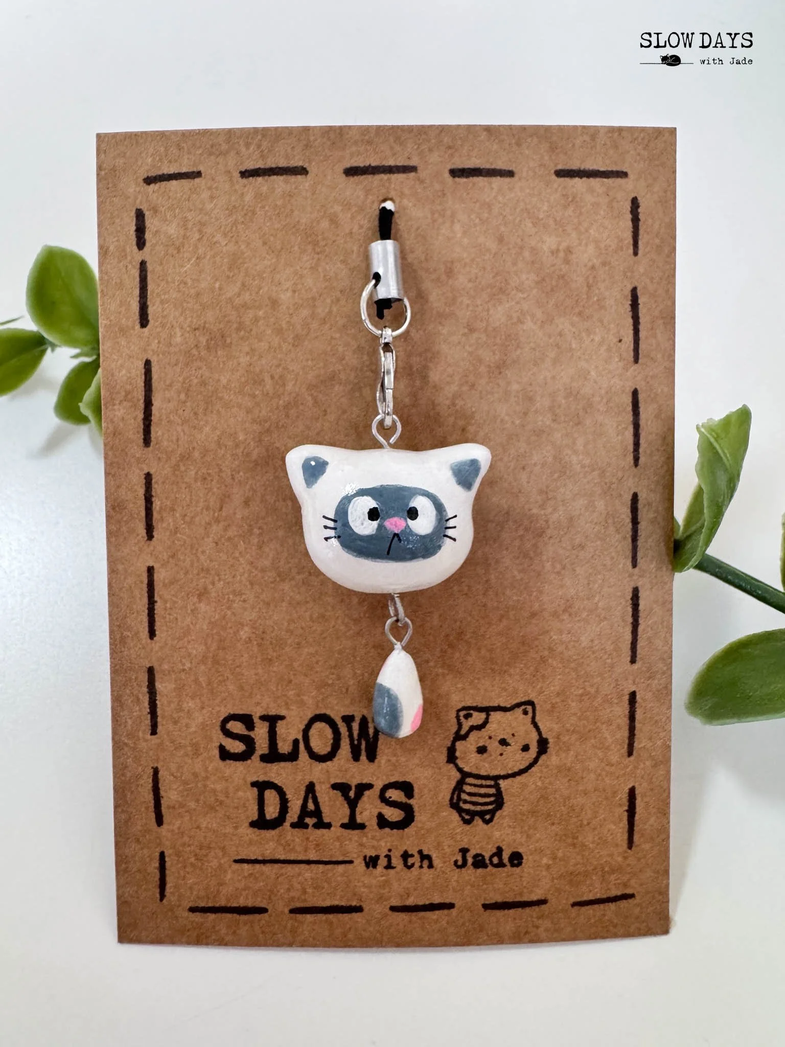 Siamese Blue Cat Charm with Dangling Tail | Handmade Clay