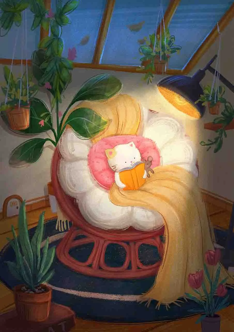 A cozy, illustrated corner of a room with a plush chair resembling a pumpkin, a white cat reading a book with a small teddy bear, surrounded by hanging and potted plants, with sunlight coming in through a skylight.