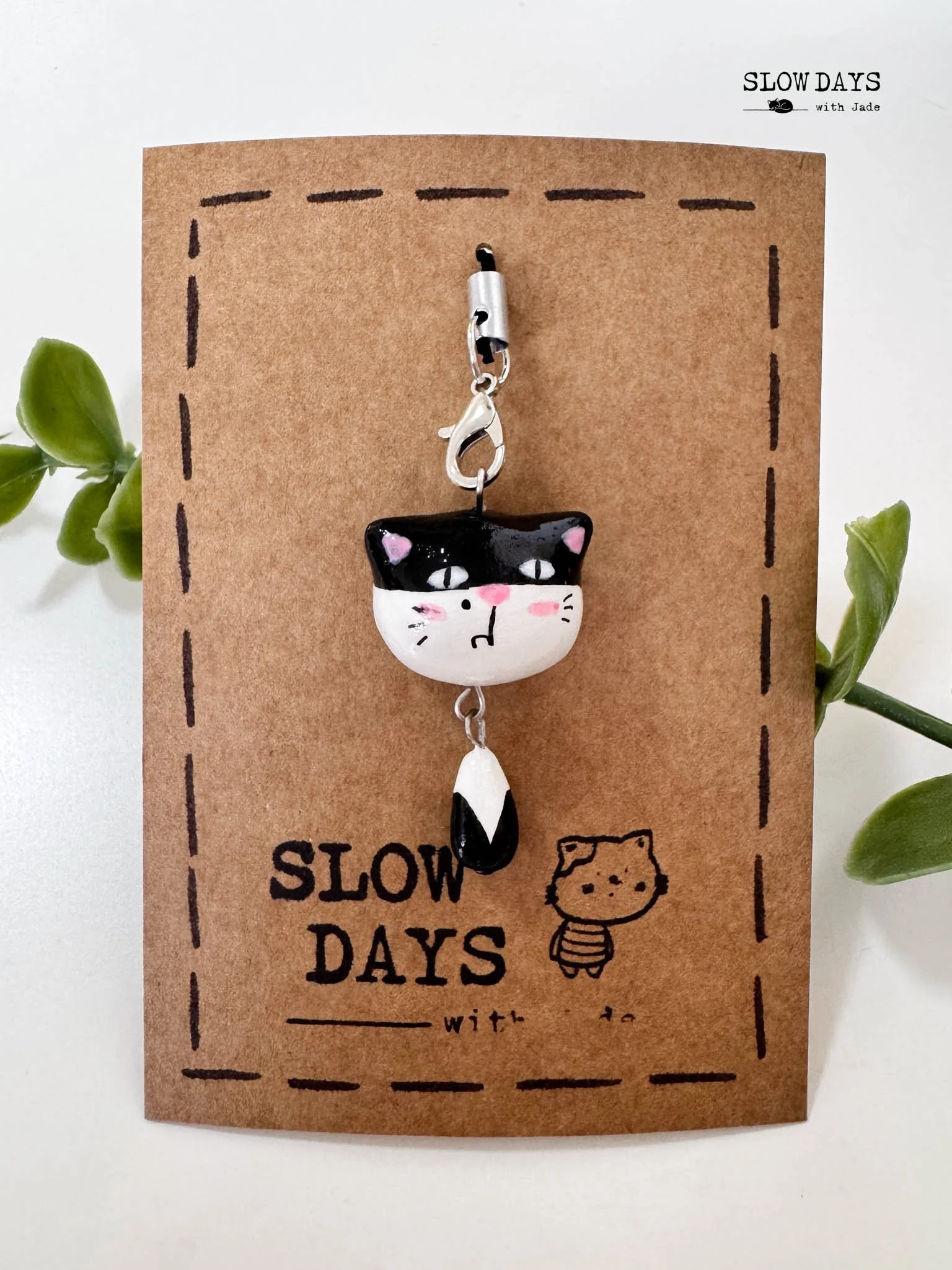 Grumpy Tuxedo Cat Charm with Dangling Tail | Handmade Clay