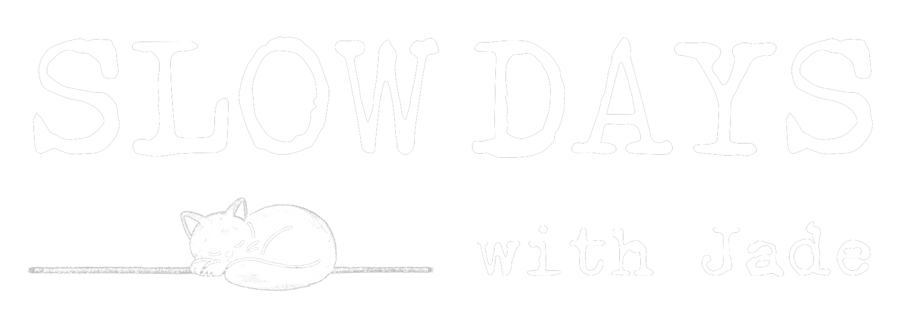 "Slow Days with Jade" Logo designed with white lines on a transparent background, featuring a sleeping cat. This logo gives a calm and slow feeling, which reflects the brand vibe "Slow Days with Jade"