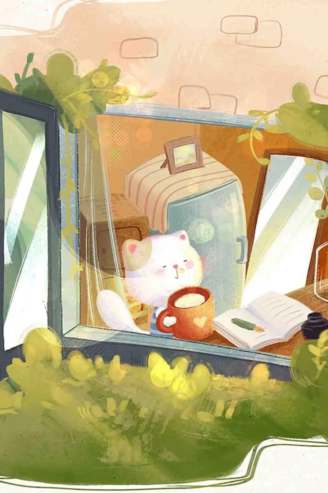 Illustration of a cozy room seen through a window with greenery outside. Inside, a cute white cat with pink cheeks is drinking from a mug on a desk. Open book, a camera, and a small framed picture are also on the desk. In the background, a small retro television and a striped cushion on a bed or sofa are visible.