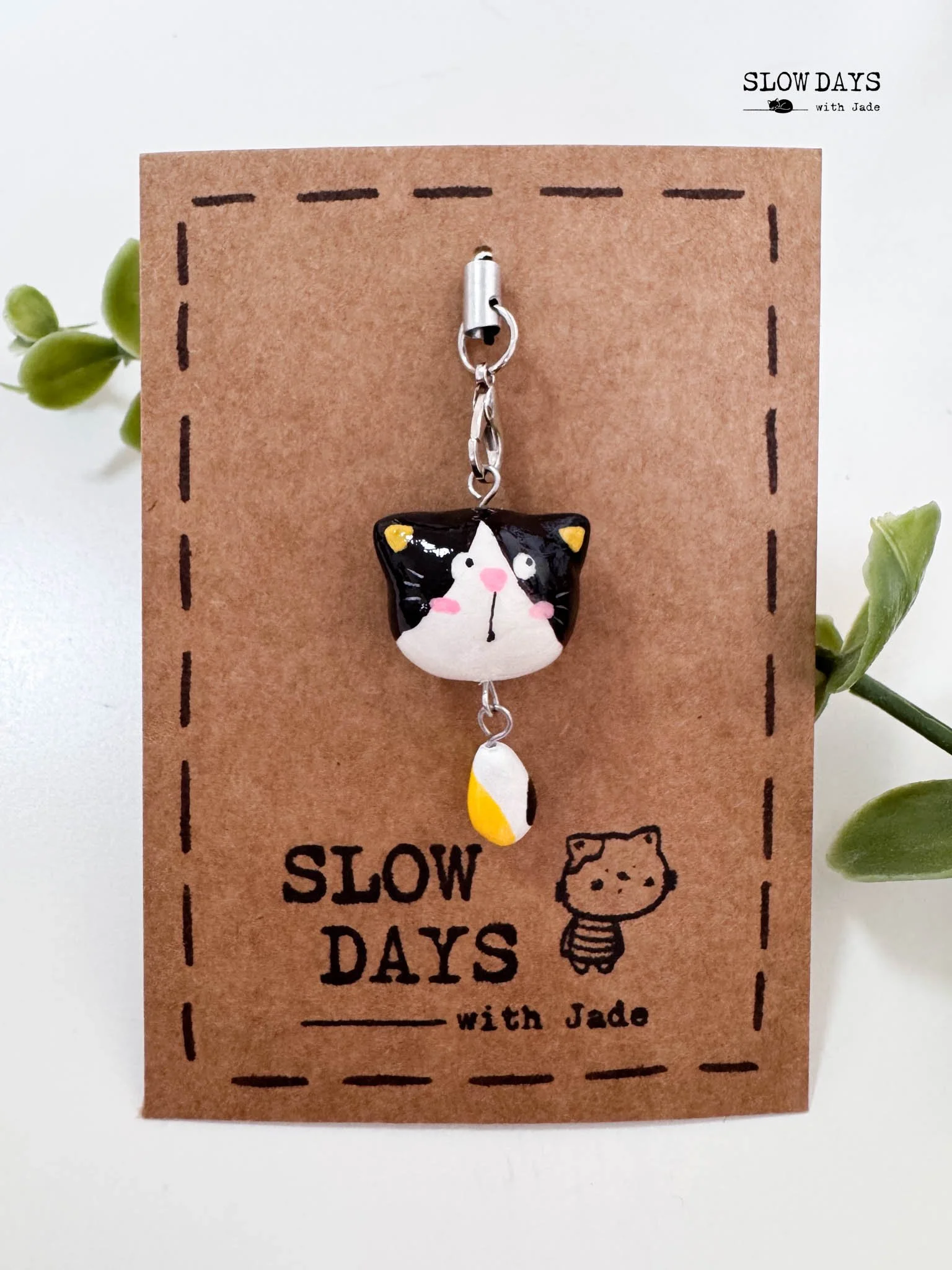 Tuxedo Cat Charm with Dangling Tail | Handmade Clay