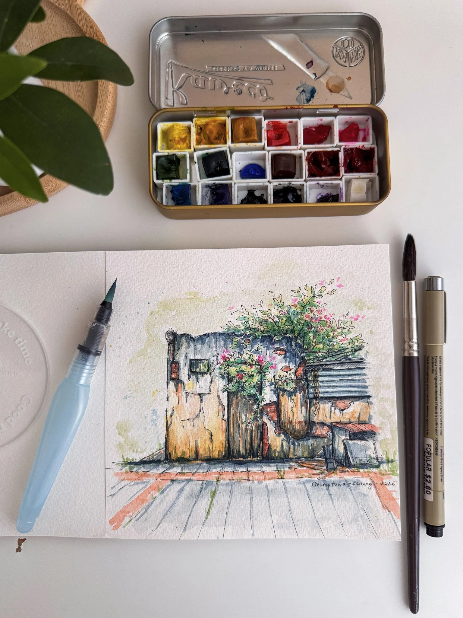 A watercolor painting of an old, weathered wall with plants and flowers growing on and around it, with a wooden fence and a paved ground in front.
