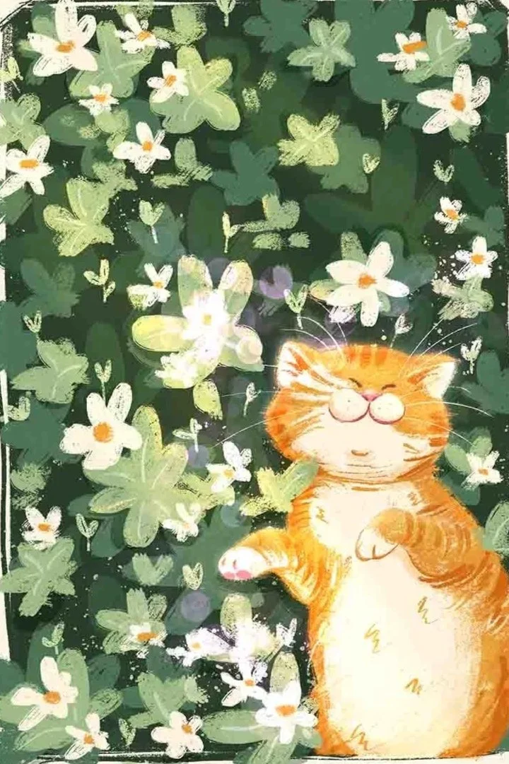 Illustration of a cheerful orange tabby cat with glasses, surrounded by white flowers and green leaves.