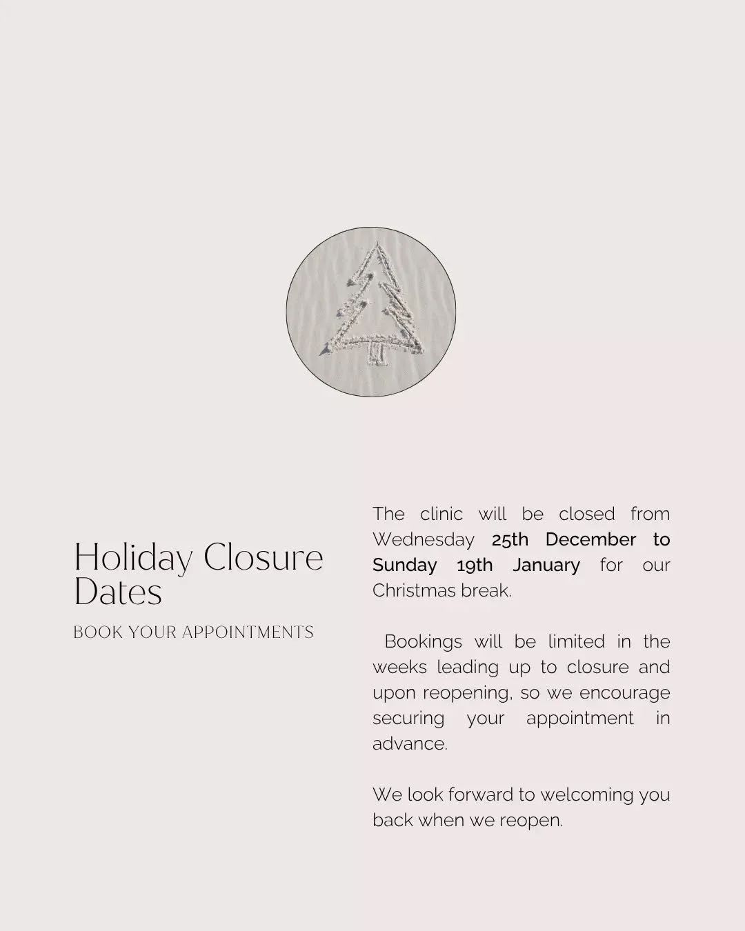 Thank you for being here with us throughout the year. As we move into the holiday season, we&rsquo;ll be taking some time to pause, rest, and reset so we can return with clarity and care for the year ahead.

The clinic will be closed from Wednesday 2