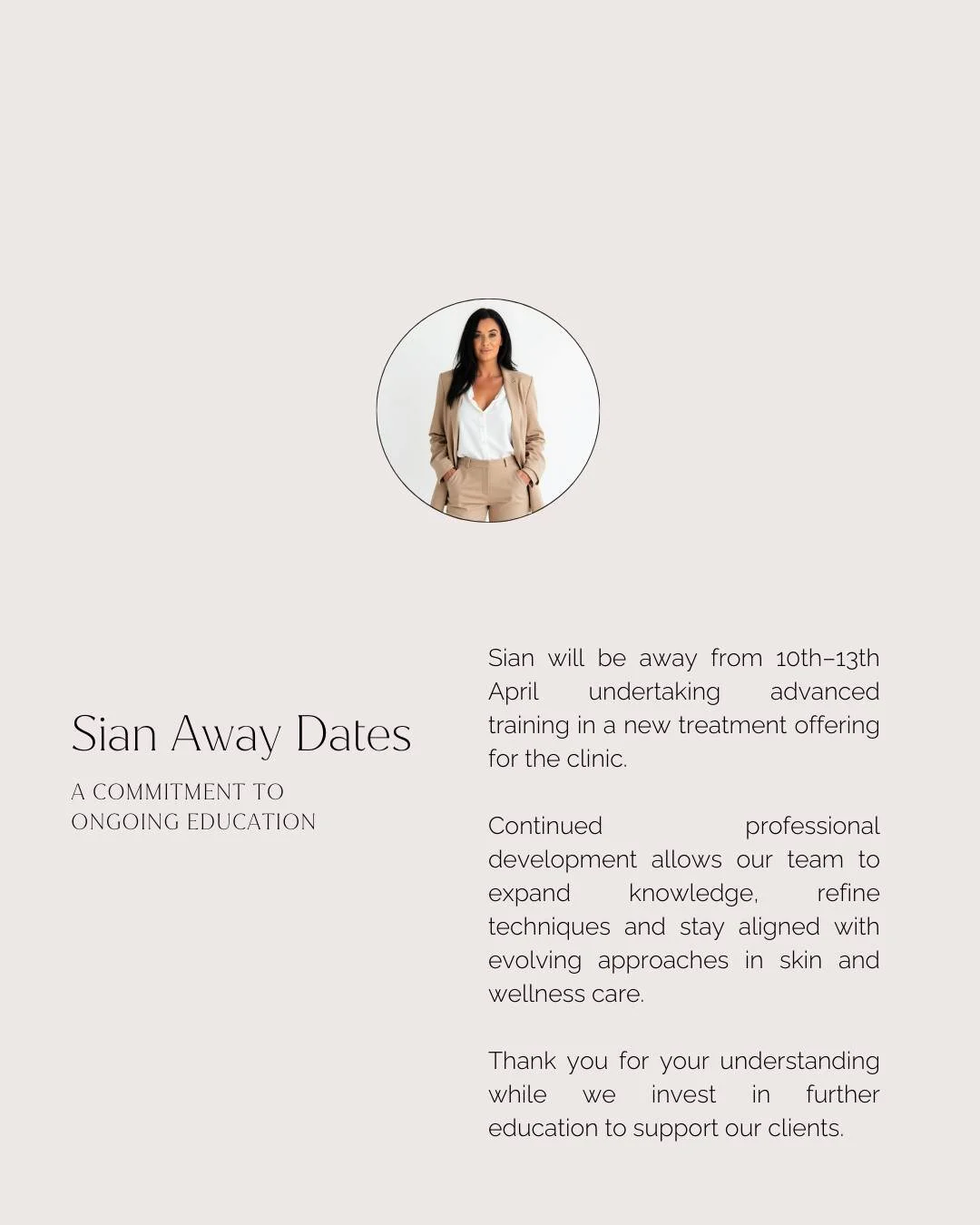 Sian will be away from 10&ndash;13 April completing advanced training as part of her ongoing professional development. Continued education allows our clinic to stay aligned with evolving approaches in skin and wellness care.
ㅤ
Appointments may be sli