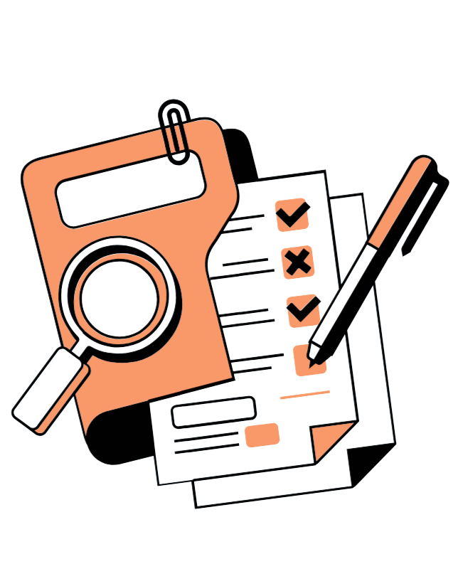Financial documents with a checklist, magnifying glass, and pen on documents.