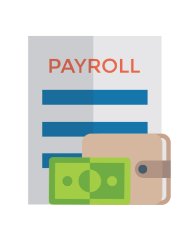 Illustration of a payroll document with a wallet and cash in front.