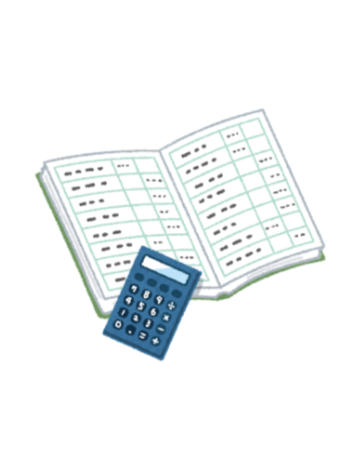 Open accounting journal with handwritten entries and calculations, with a calculator placed on top.