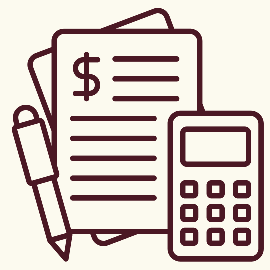 Line drawing of financial documents, a calculator, and a pen.
