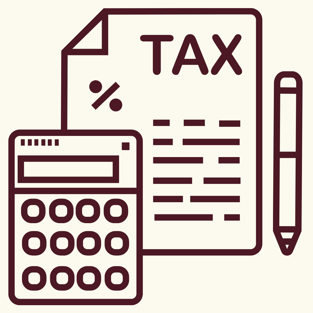 Illustration of a tax document, calculator, and pen.