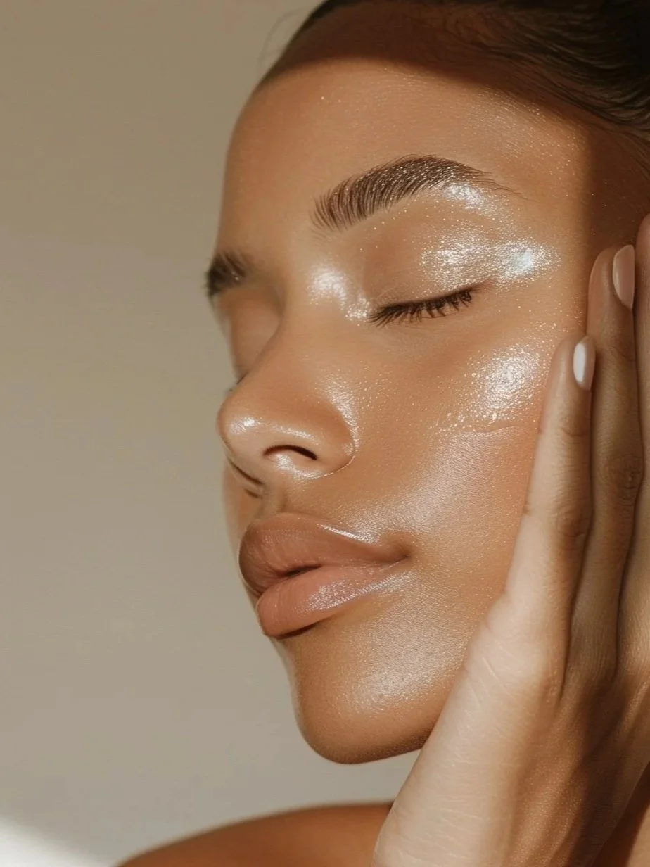 portrait of a woman face. glowing tan skin closing her eyes