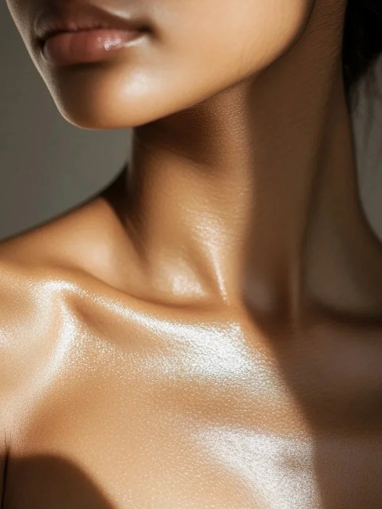 portrait. Girl with glowy tan skin. neck and lips.