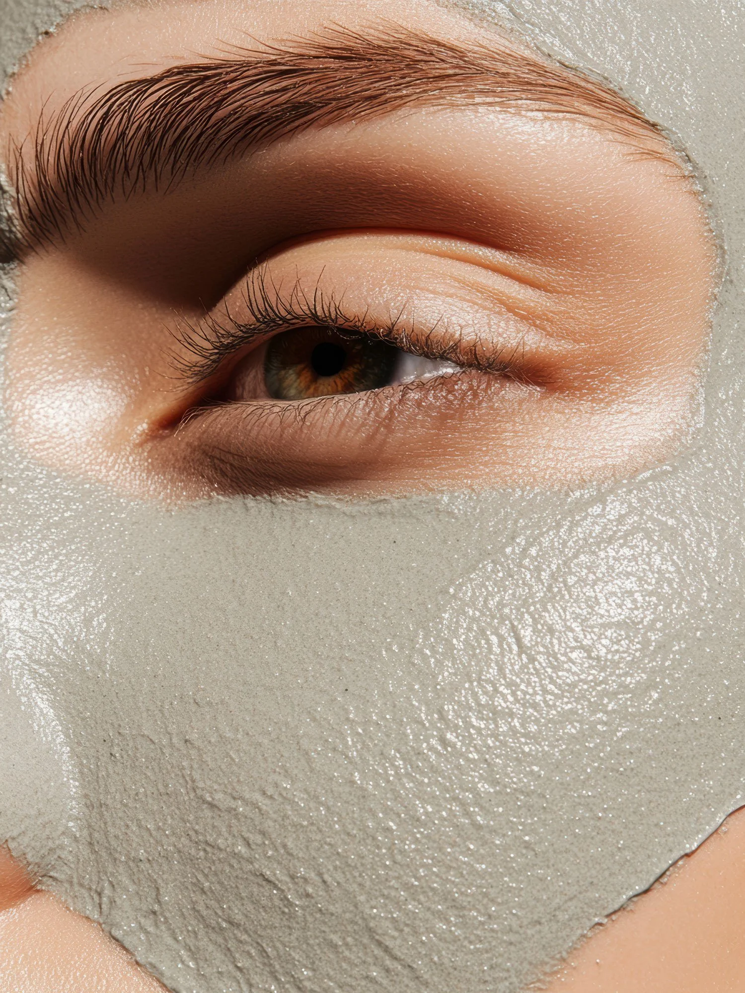 close up portrait of a woman green eye using a beauty mask on her face