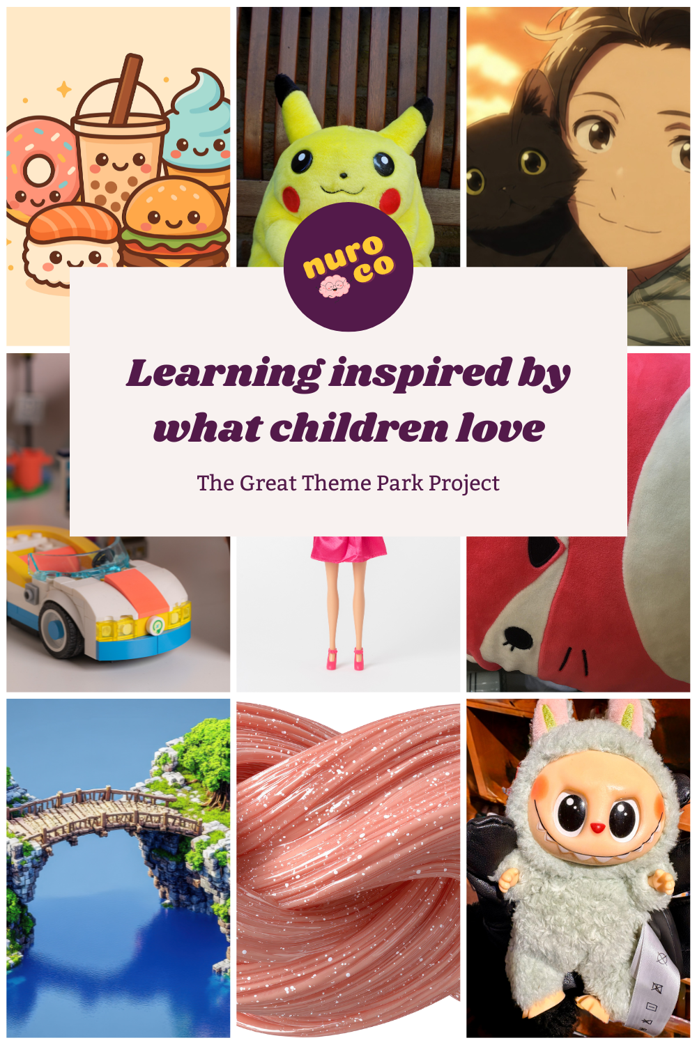 a collection of images of popular kid things like anime, pokemon, lego, kawaii characters, barbie, squishmallows