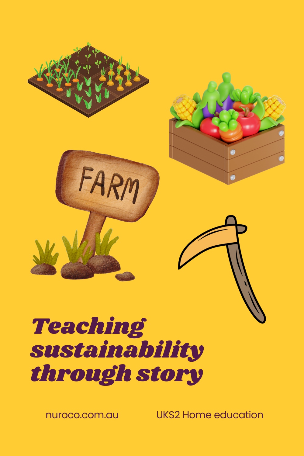 series of farm related video game style graphics with text 'teaching sustainability through story'