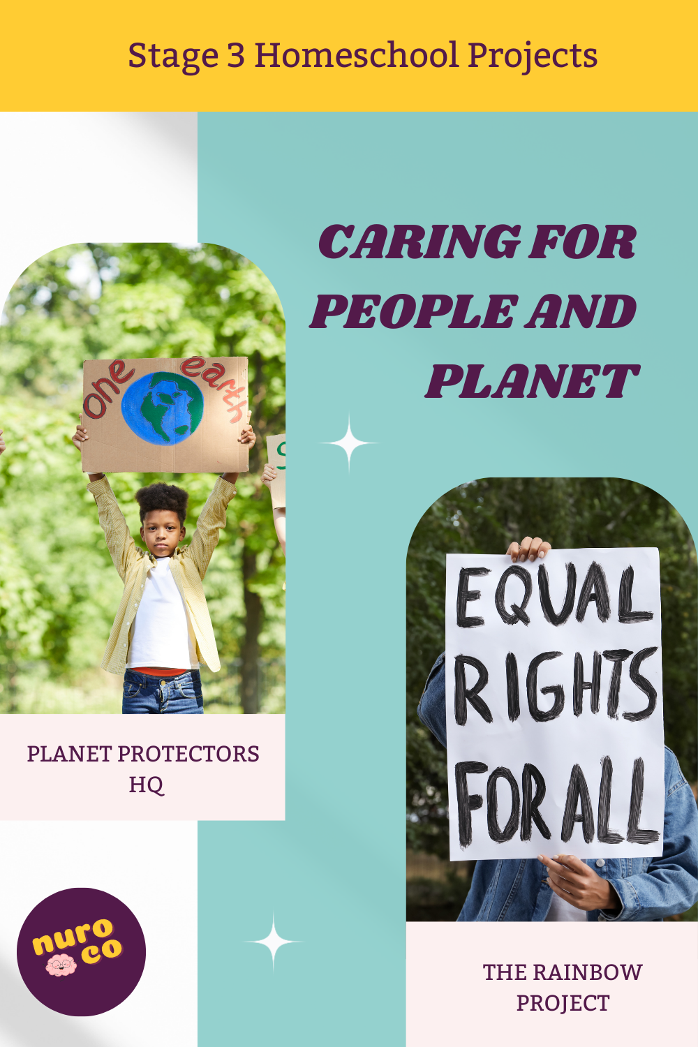 one child holds up a one earth poster, another holds an equal rights for all poster