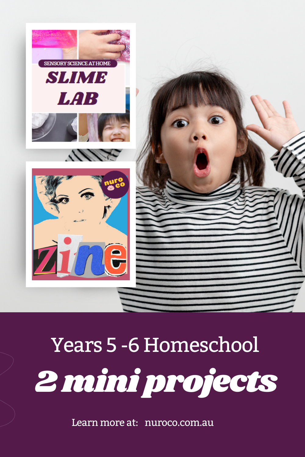 an excited kid with 2 small pictures of slime lab and zine zone projects