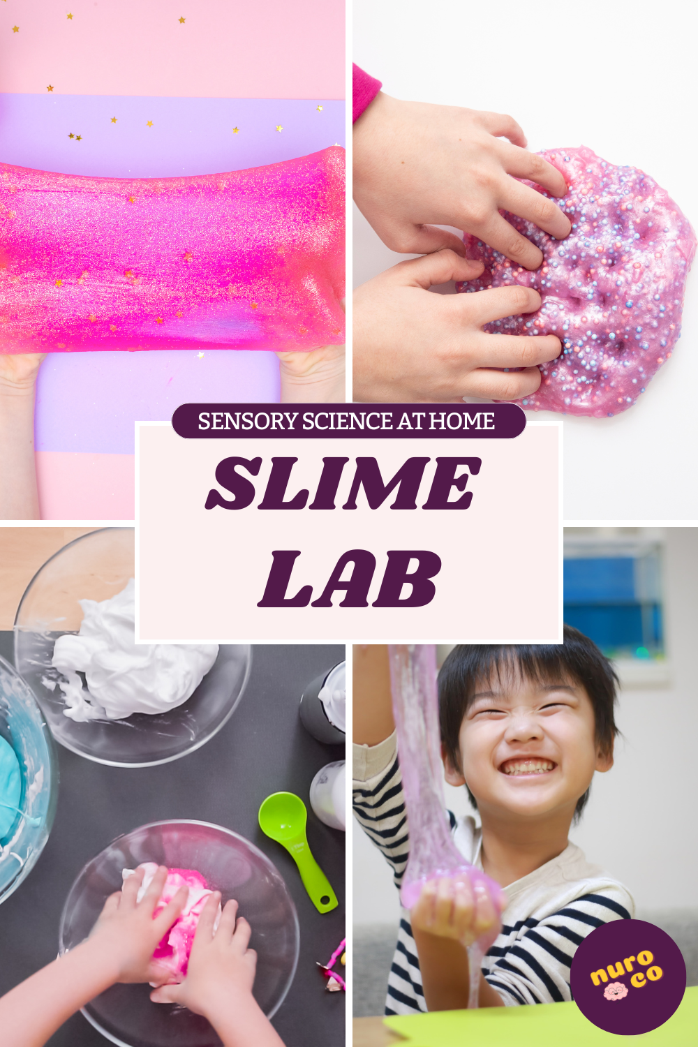 images of children making slime with text sensory science at home, slime lab