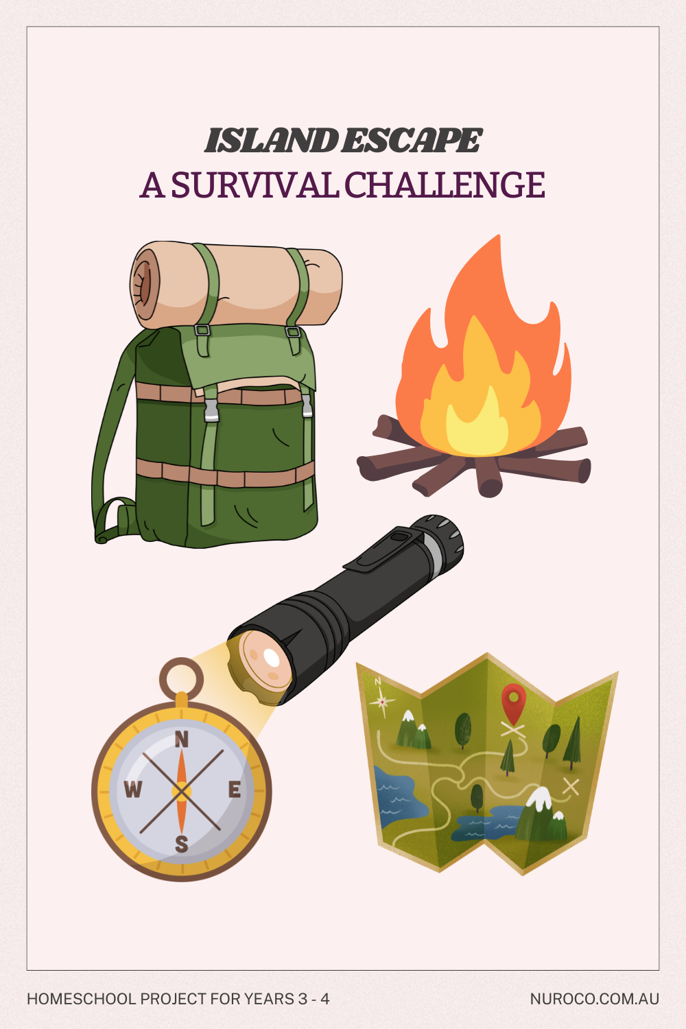 island escape - a survival challenge - graphics of fire, torch, hiking pack, compass and map