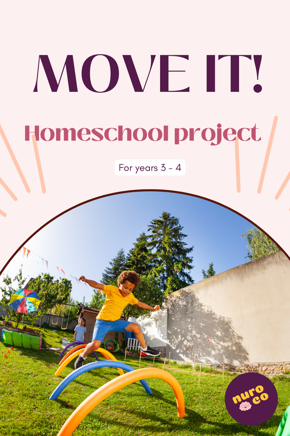 a child jumps through a homemade obstacle course