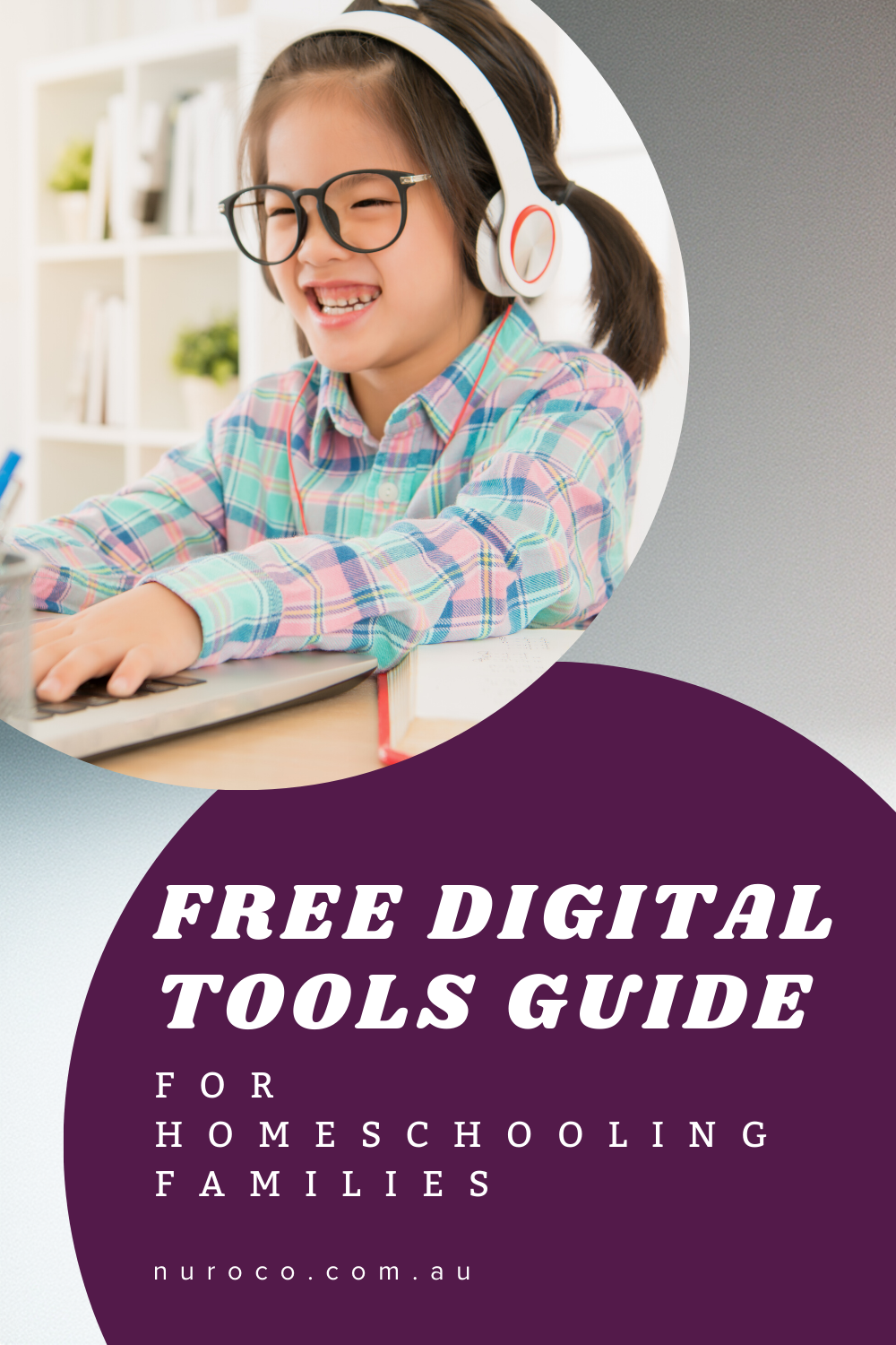 a happy kid wearing headphones and glasses, using a laptop.