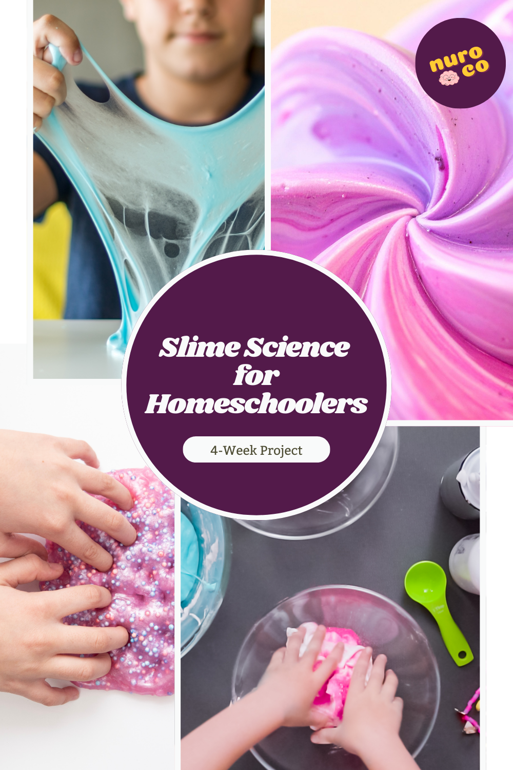 assorted images of children mixing and playing with slime