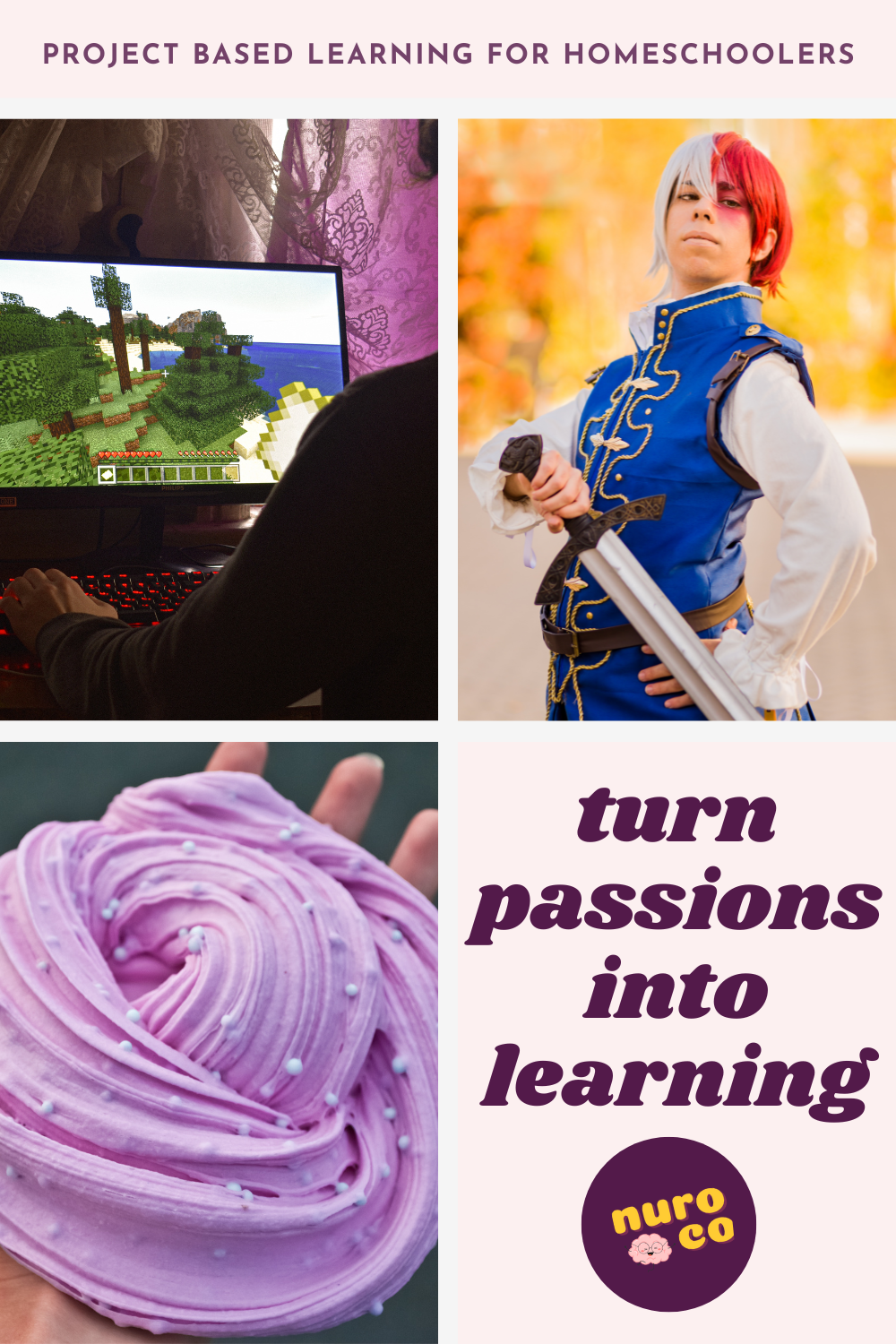 a child plays minecraft, another dresses in cosplay, and another plays with slime