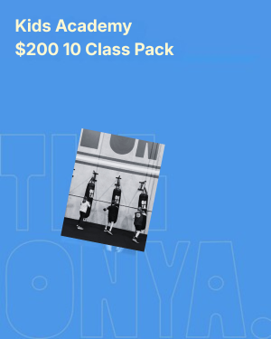 Advertisement for Kids Academy offering a $200 10-class pack, with an image of three children in black and white uniforms standing next to a large sign.