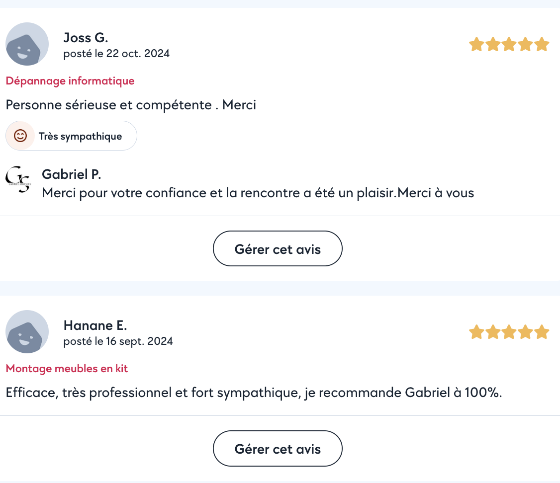 Avis en ligne avec deux commentaires de clients, accompagnés de leurs noms, dates, et évaluations en étoiles, à propos d'un service technique et de montage de meubles.