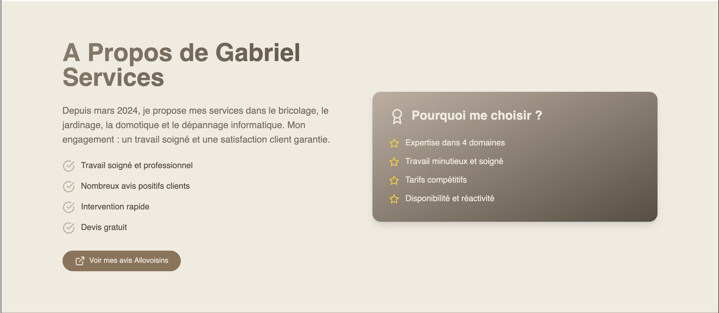 Page de présentation de services de bricolage, jardinage, domotique et dépannage informatique par Gabriel Services, avec section avantages et raisons de choisir ses services.