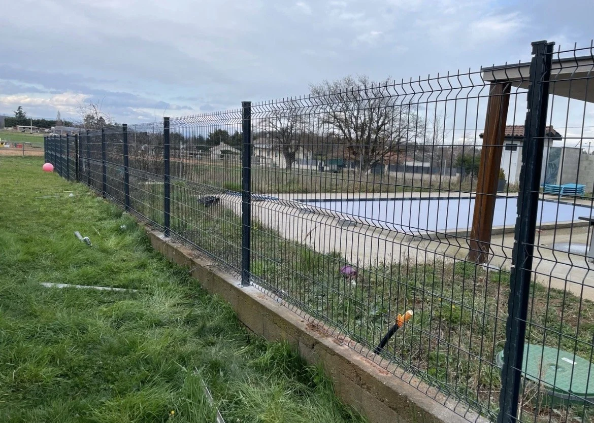 Clôture en métal noir séparant un jardin avec pelouse d'une piscine en arrière-plan dans un extérieur résidentiel