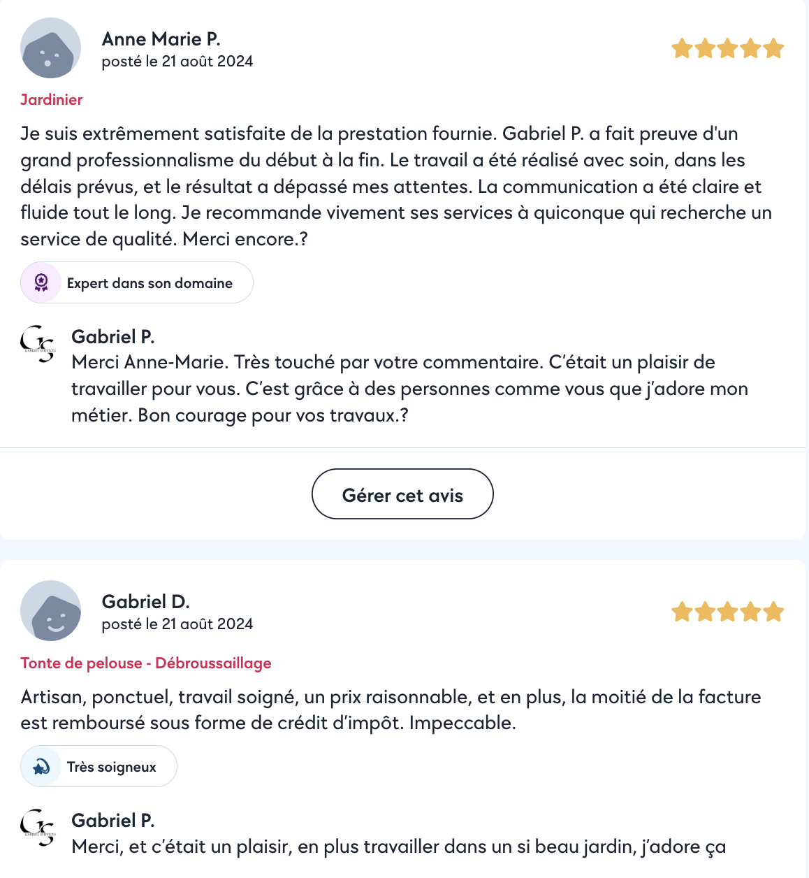 Avis clients avec notes five étoiles, commentaires positifs sur des services de jardinage et de débroussaillage, avec noms et dates de publications.