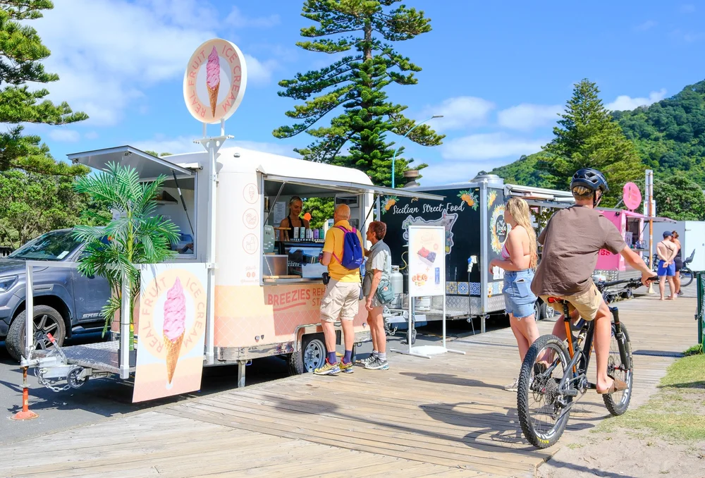 NZ Food Trailers ice cream trailer on the boardwalk at Mount Maunganui Main Beach