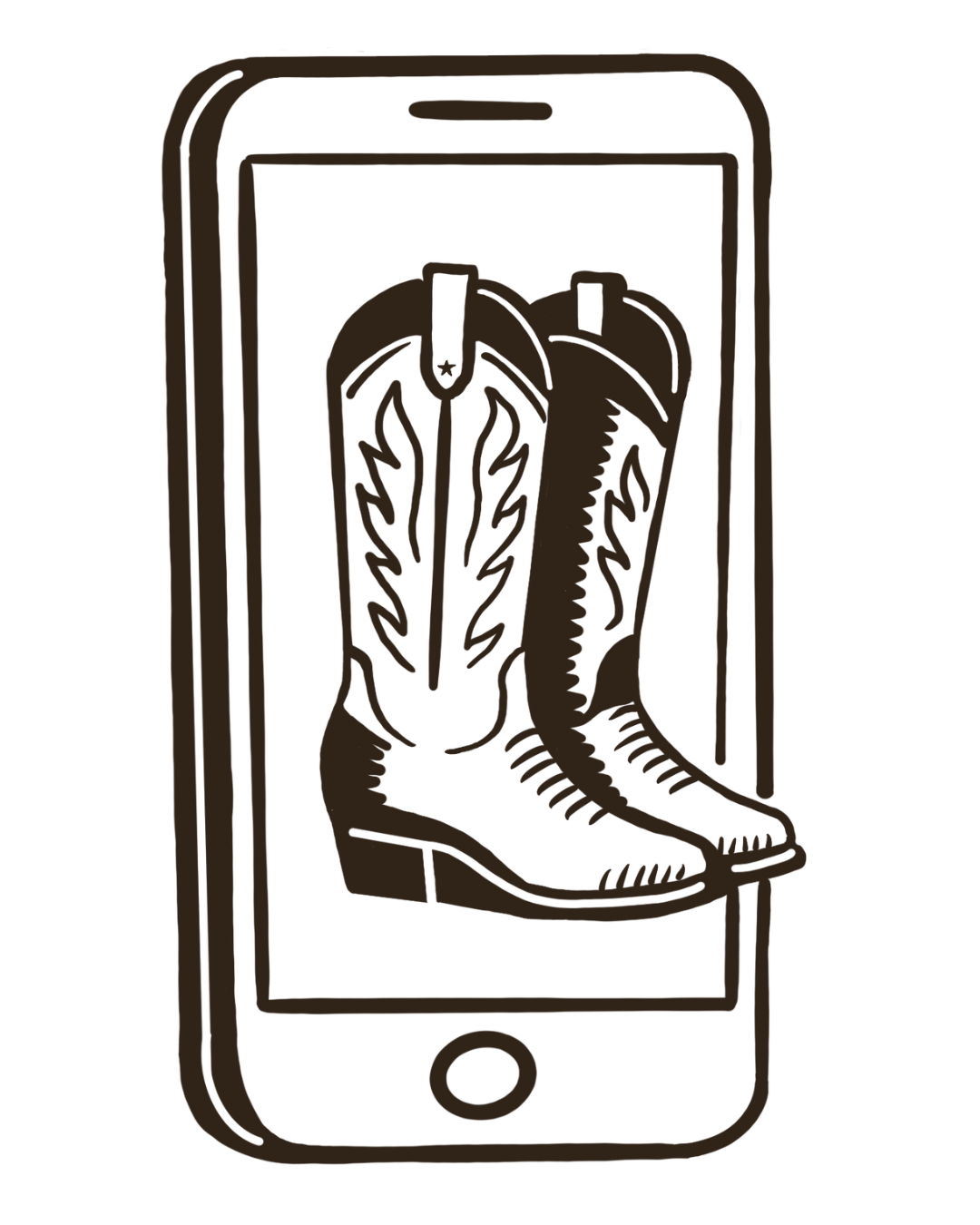 Line drawing of a smartphone displaying a cowboy boot with intricate stitching on the screen.