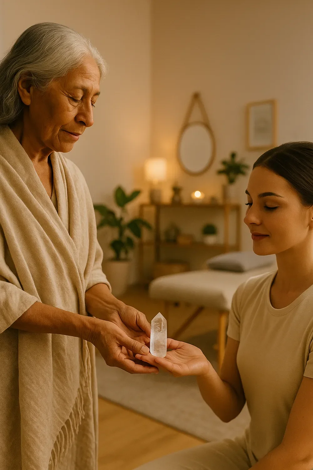 A therapist guiding a client through a calming crystal-healing session at Healing House
