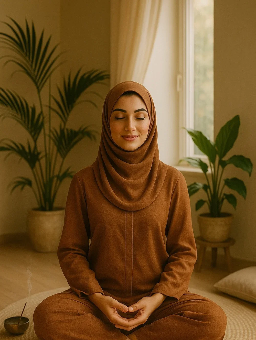 A woman sitting cross-legged in quiet meditation in a plant-filled room at Healing House