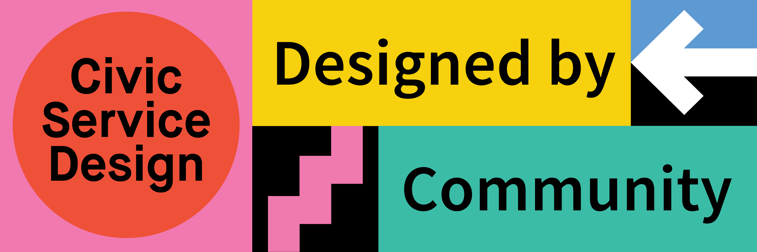 a colorful graphic that says "Civic Service Design. Designed by Community" with various pink, green, blue, and yellow shapes around the words.