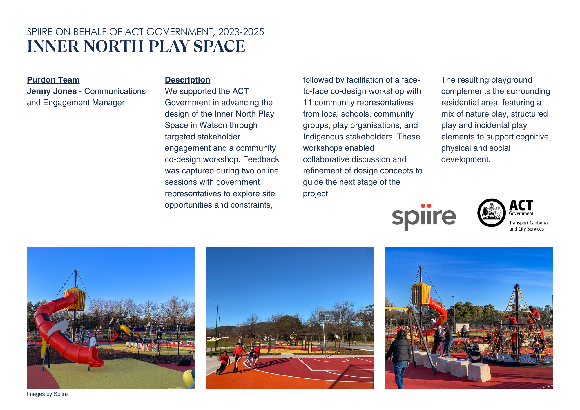 A document titled 'Inner North Play Space' with a description of the project, logos of Spiire and ACT Government, and three images of a colorful playground with slides, rope structure, and a basketball court.