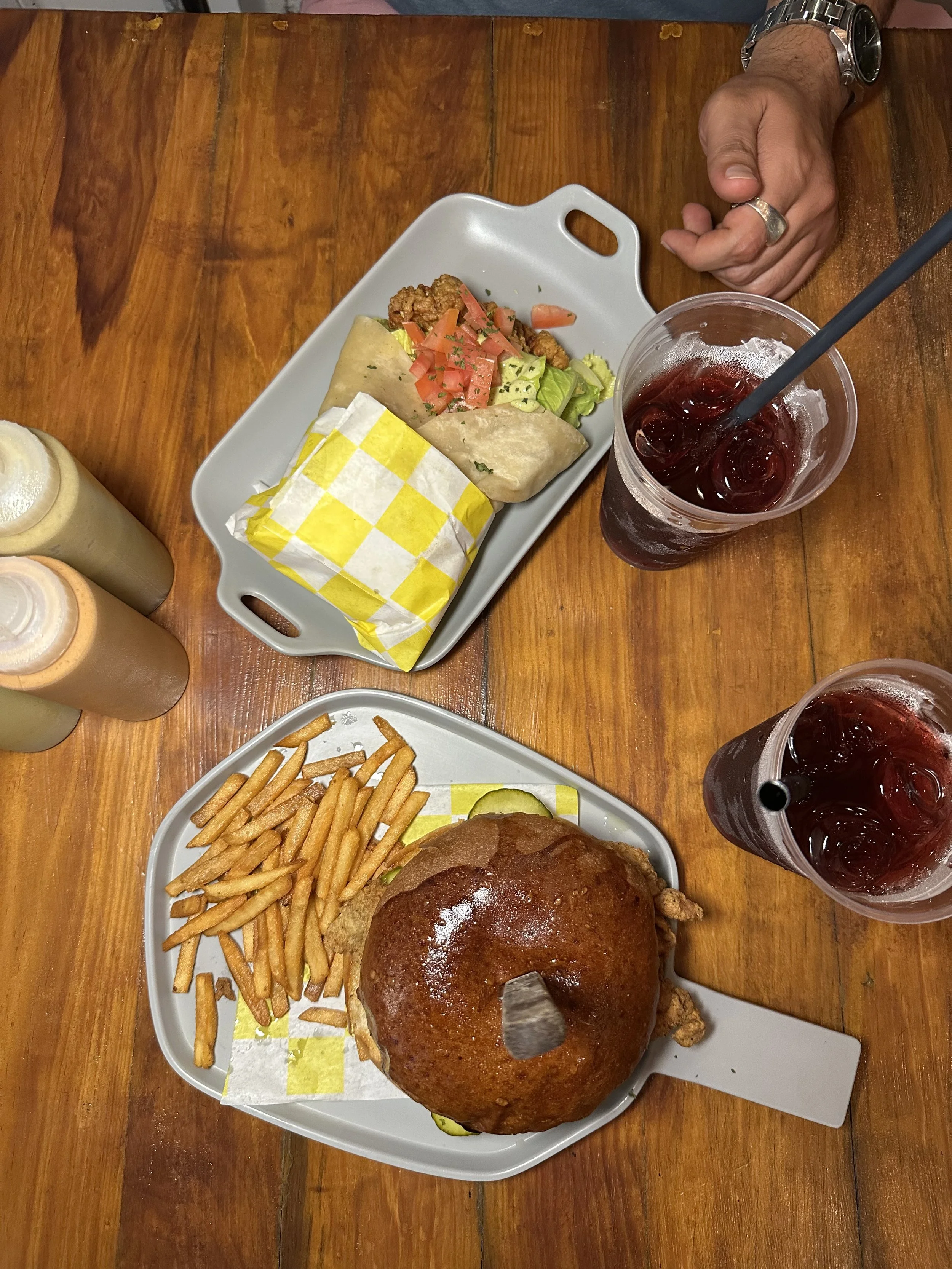 Algo Bueno chicken sandwich in zona romantica with a wrap and two agua frescas in puerto vallarta mexico