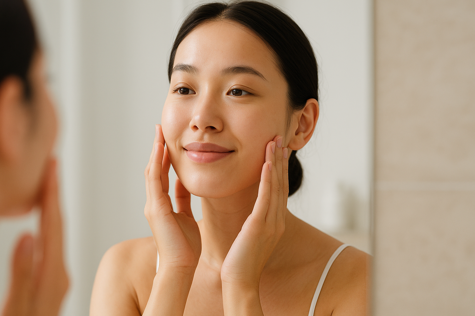 A woman touching her face with both hands, looking at herself in the mirror and smiling.