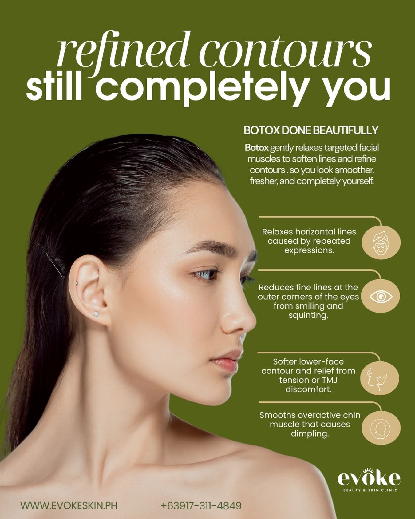 Thinking about Botox? Here&rsquo;s what it actually does:

&bull; Softens forehead lines
&bull; Reduces crow&rsquo;s feet
&bull; Relaxes jaw tension (hello, jawtox)
&bull; Smooths chin dimpling

No stiffness. No &ldquo;overdone&rdquo; look.
Just refi