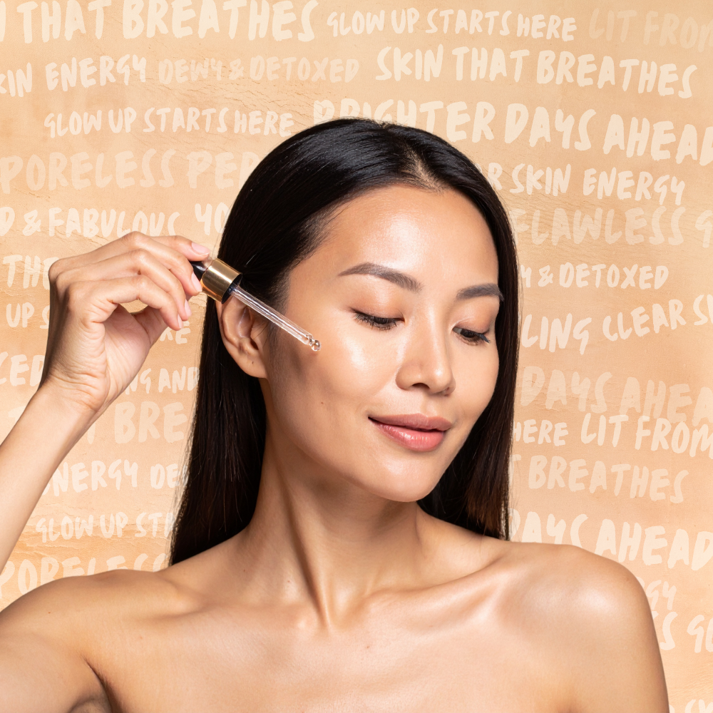 A woman with long dark hair applying facial skincare serum with a dropper. She has smooth skin and is posing against a background with repeated text about skincare benefits.