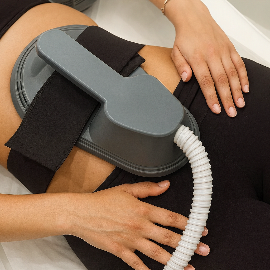 Person receiving a medical therapy with a device strapped around their abdomen and connected to a hose.