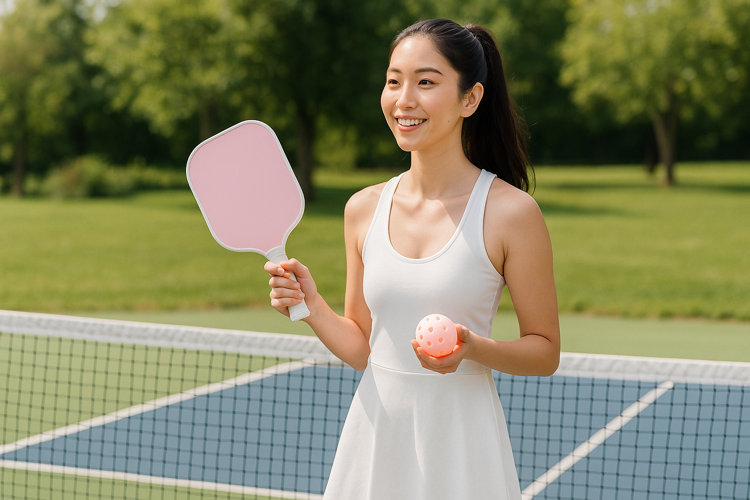 Young woman in a white dress holding a pink paddle and a small ball on a tennis court.