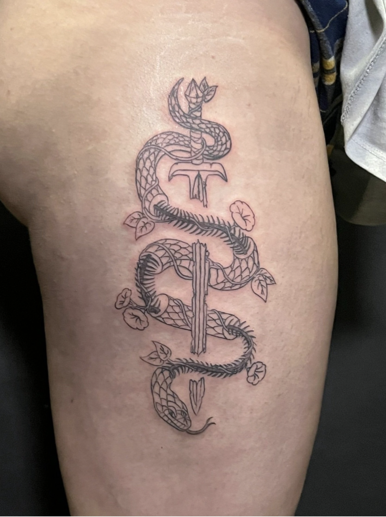 Tattoo of a snake wrapped around a sword in the middle, decorated with leaves.