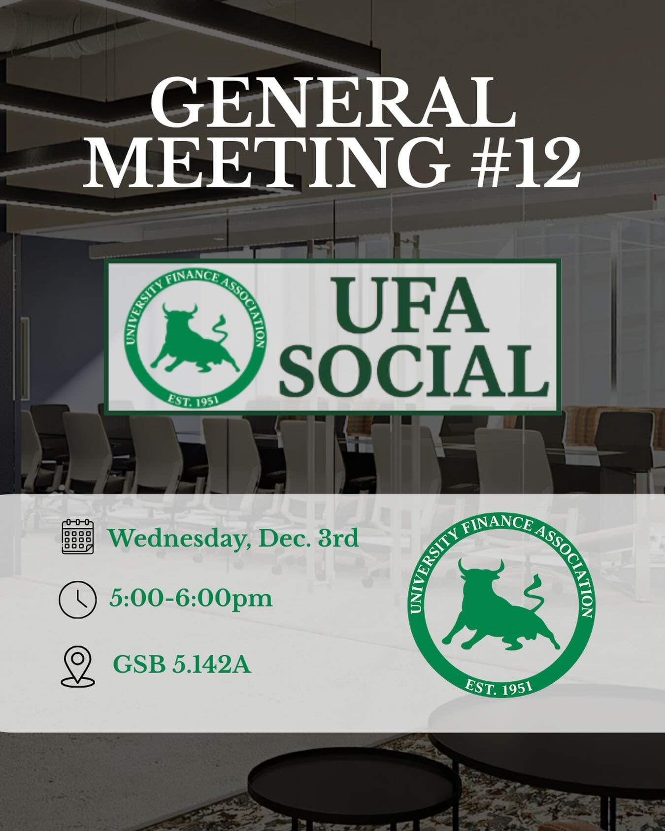 It&rsquo;s our last general meeting of the year!

To wrap up the semester, we&rsquo;re hosting a UFA Social during our regular meeting time. Join us to relax, recharge, and celebrate an awesome semester. We will also be doing a gift card giveaway to 