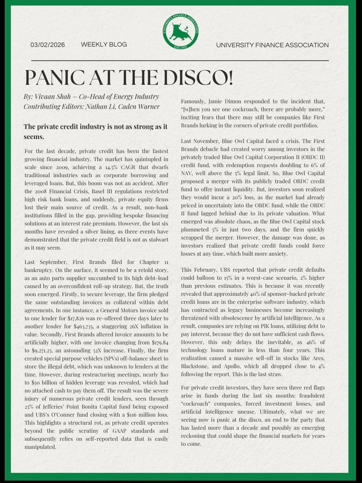 For our weekly market blog, our Co-Head of Energy Industry, Vivaan Shah, examines why the private credit industry may not be as strong as it looks.

Fast growth, recent bankruptcies, and liquidity concerns are raising questions across the industry.

