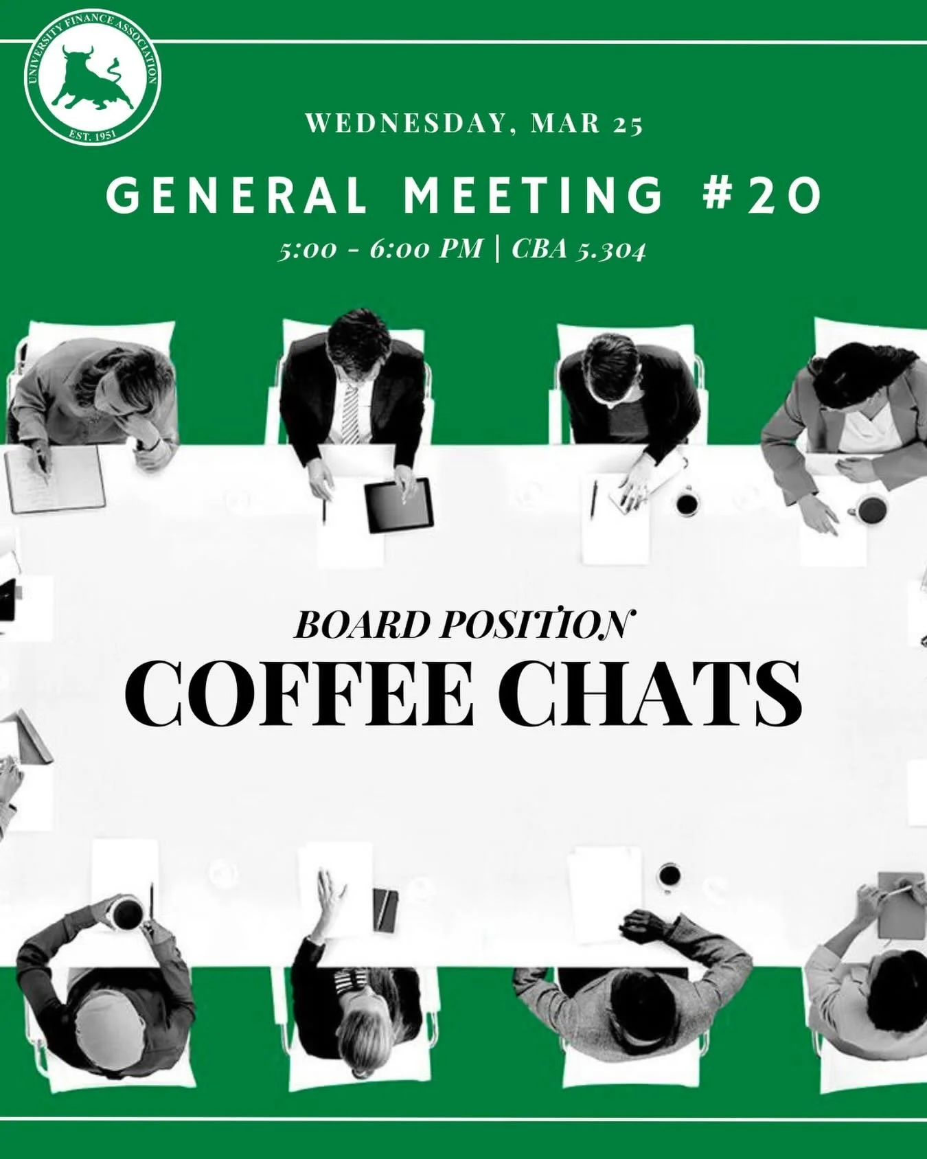 Hope everyone had a great spring break!

During our meeting this week, we&rsquo;ll be hosting coffee chats for members interested in joining the UFA Board of Directors next year. This is a great opportunity to learn more about each position before ap